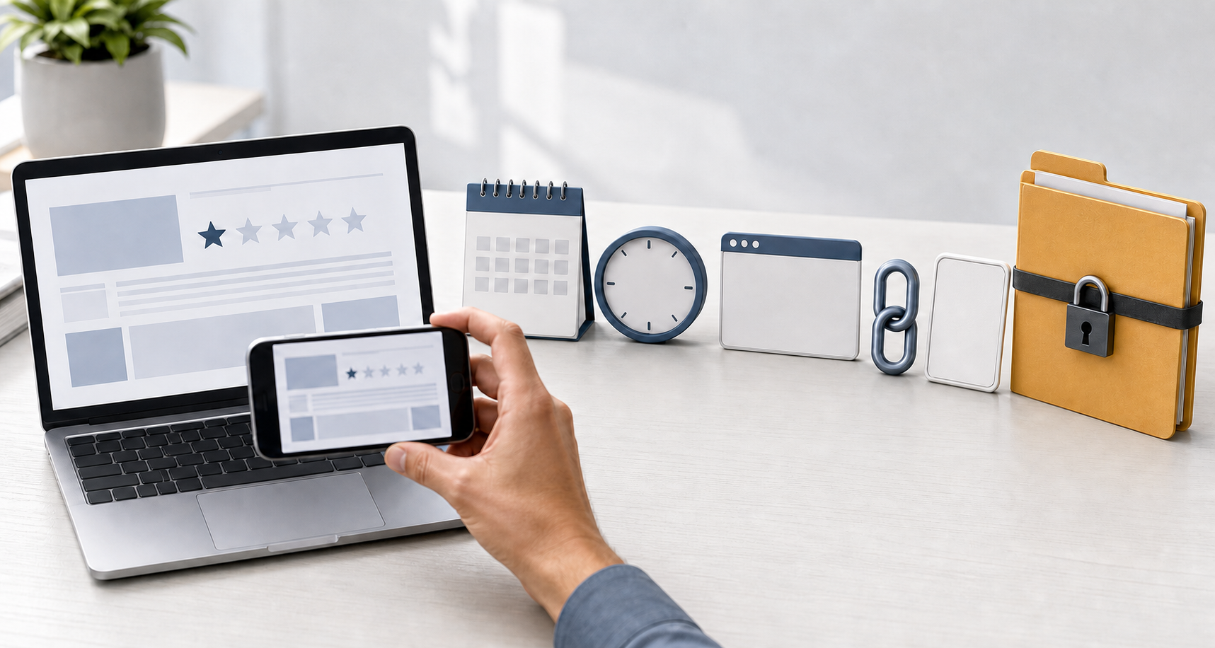 A person photographs a suspicious review on a laptop while organizing screenshots, records, and other digital evidence.