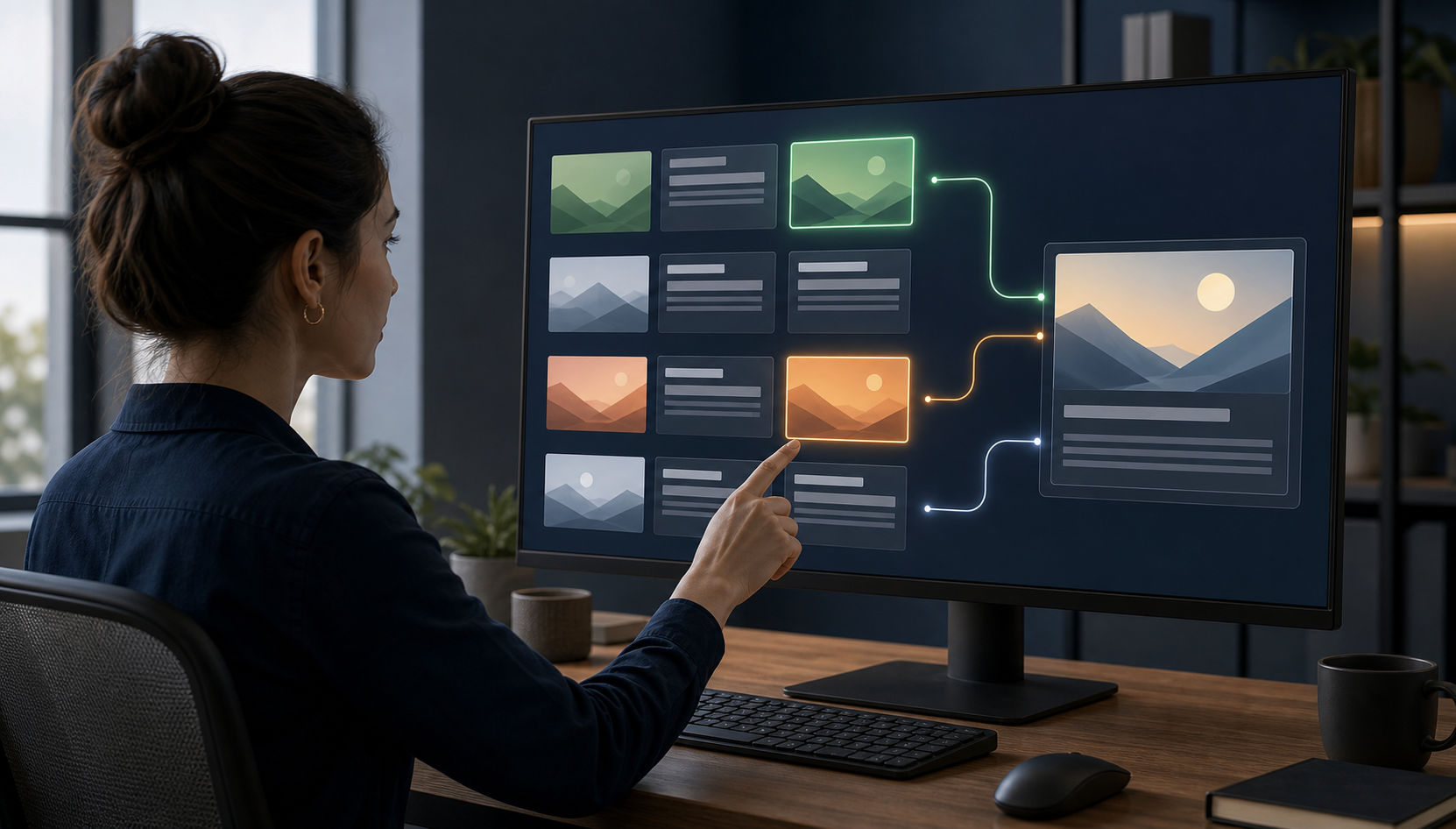 A marketing specialist reviews separate image, headline, and description tiles connected to an assembled display ad on a large monitor.