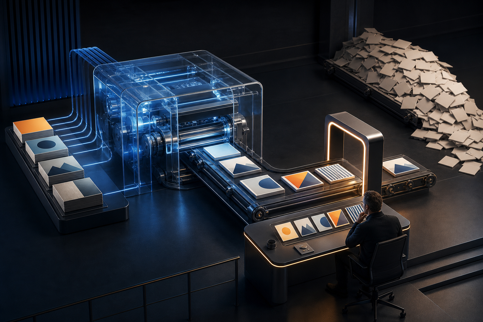 An editor reviews content tiles moving through a controlled AI production system while an unchecked conveyor creates a pile of repetitive tiles nearby.