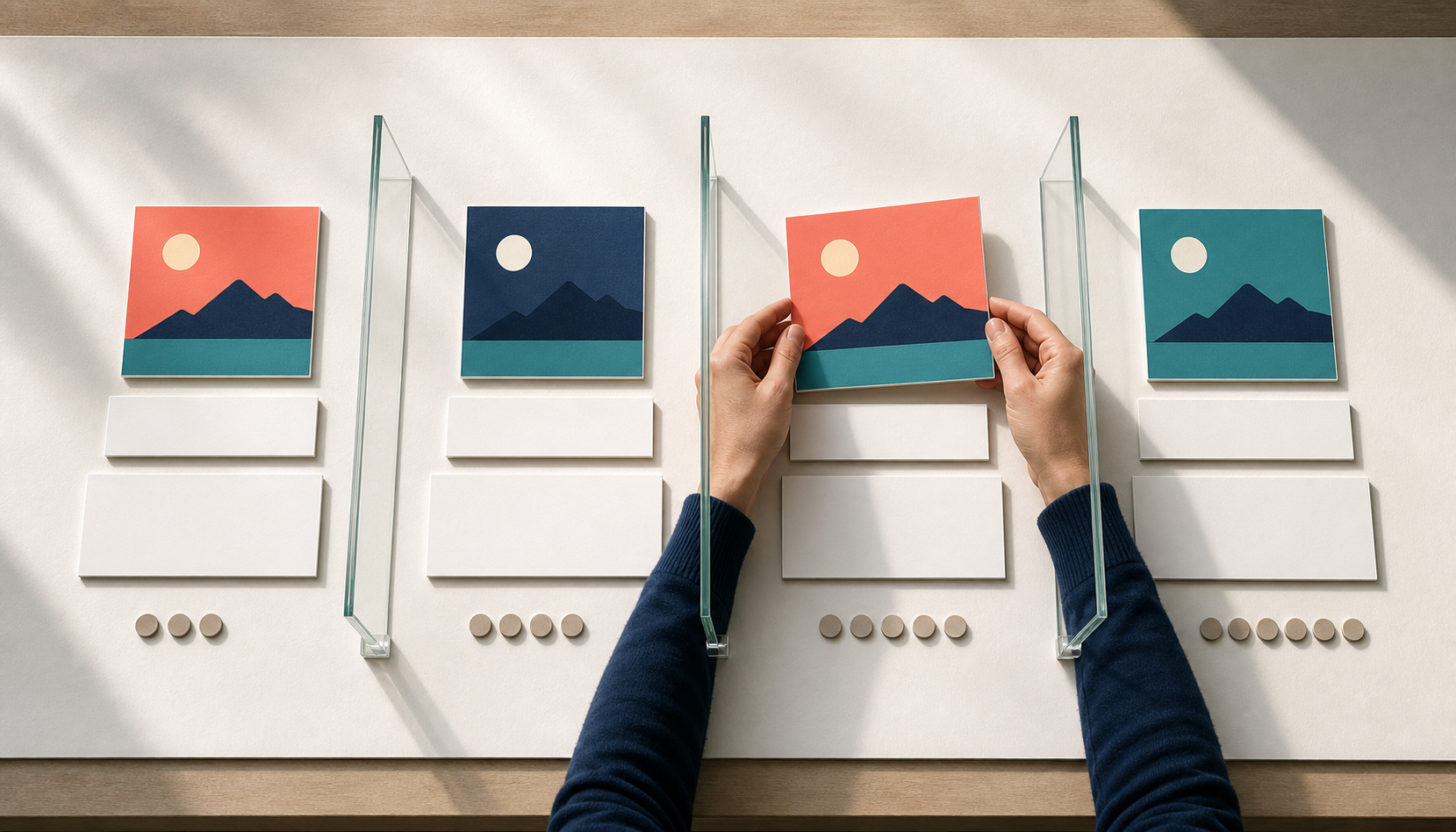 Hands move one colored creative tile through a sequence of ad asset groups while the other components remain unchanged.