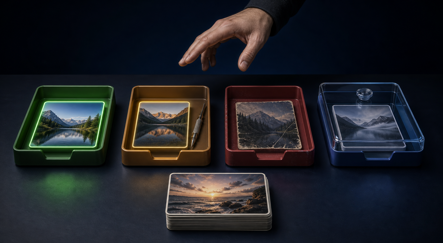 A hand considers four color-coded trays holding creative assets for keeping, updating, removing, or waiting.