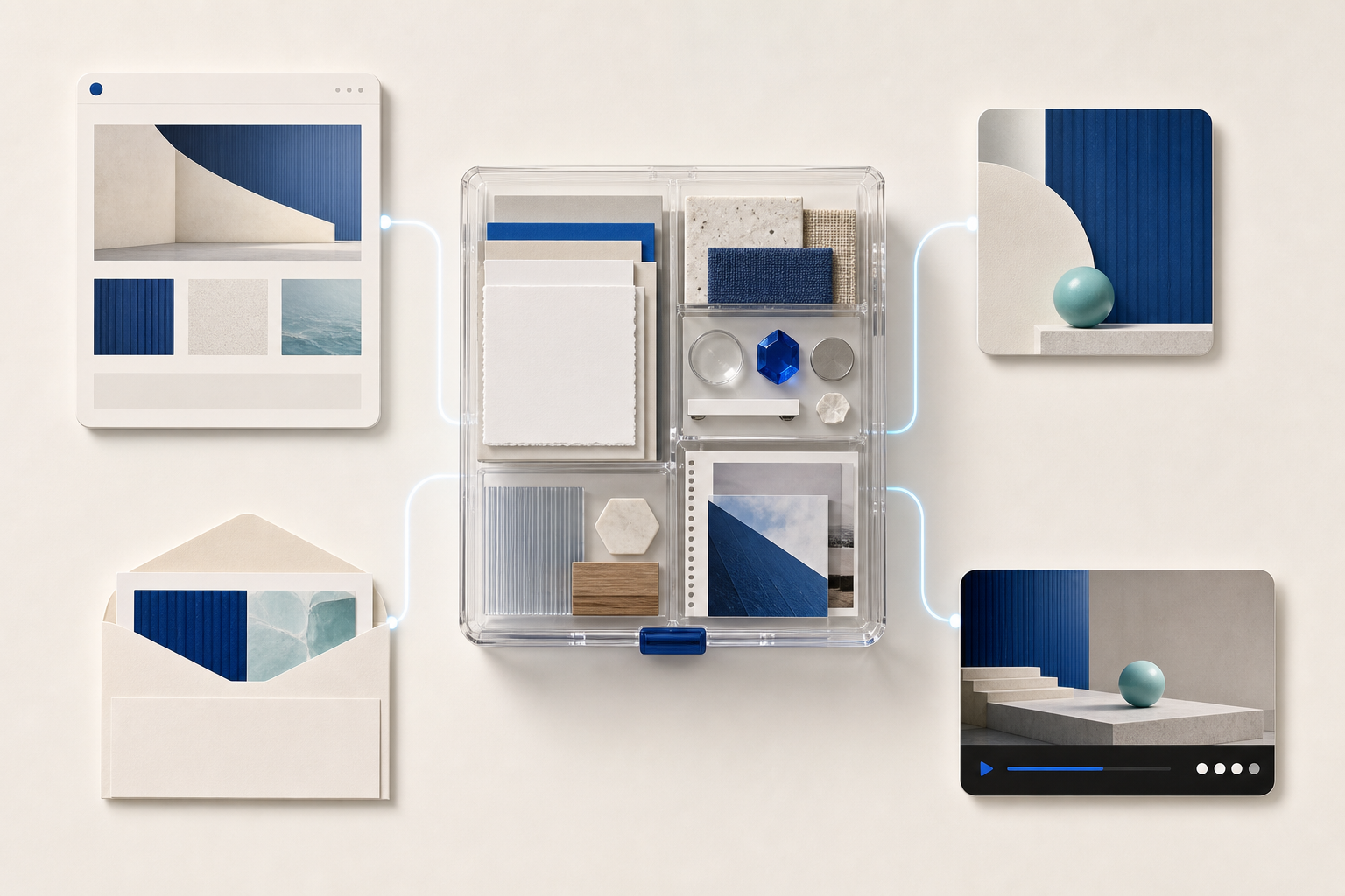 An organized central source packet connects to several distinct content formats on a clean creative workspace.