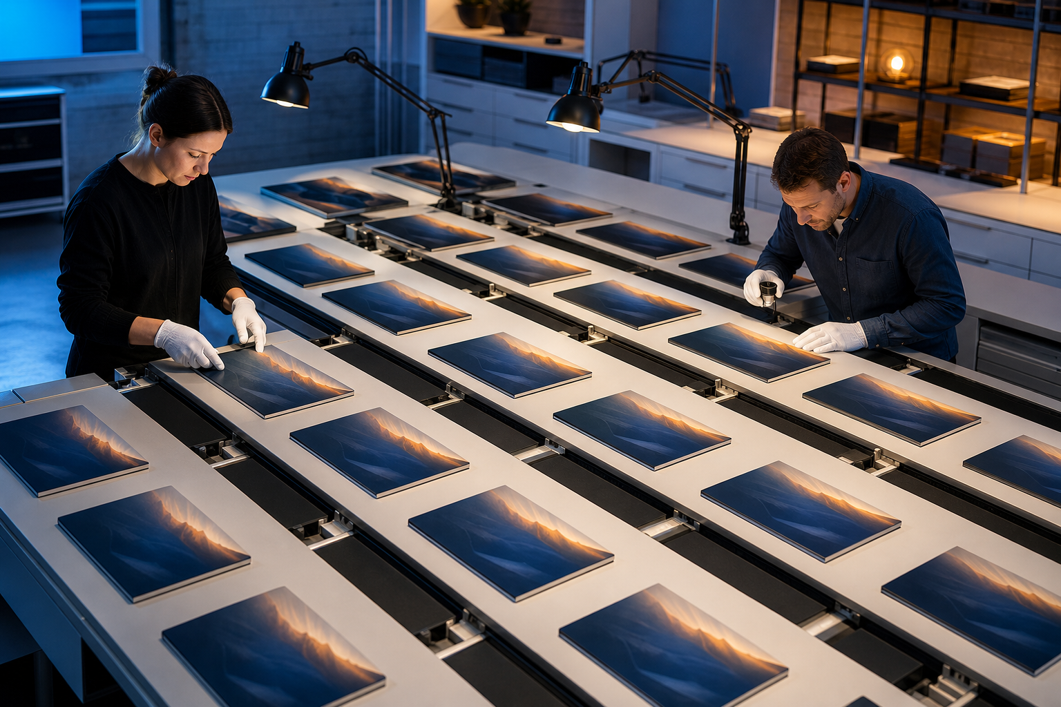 Two professionals inspect consistent finished pieces moving through several parallel lanes on a modular worktable.