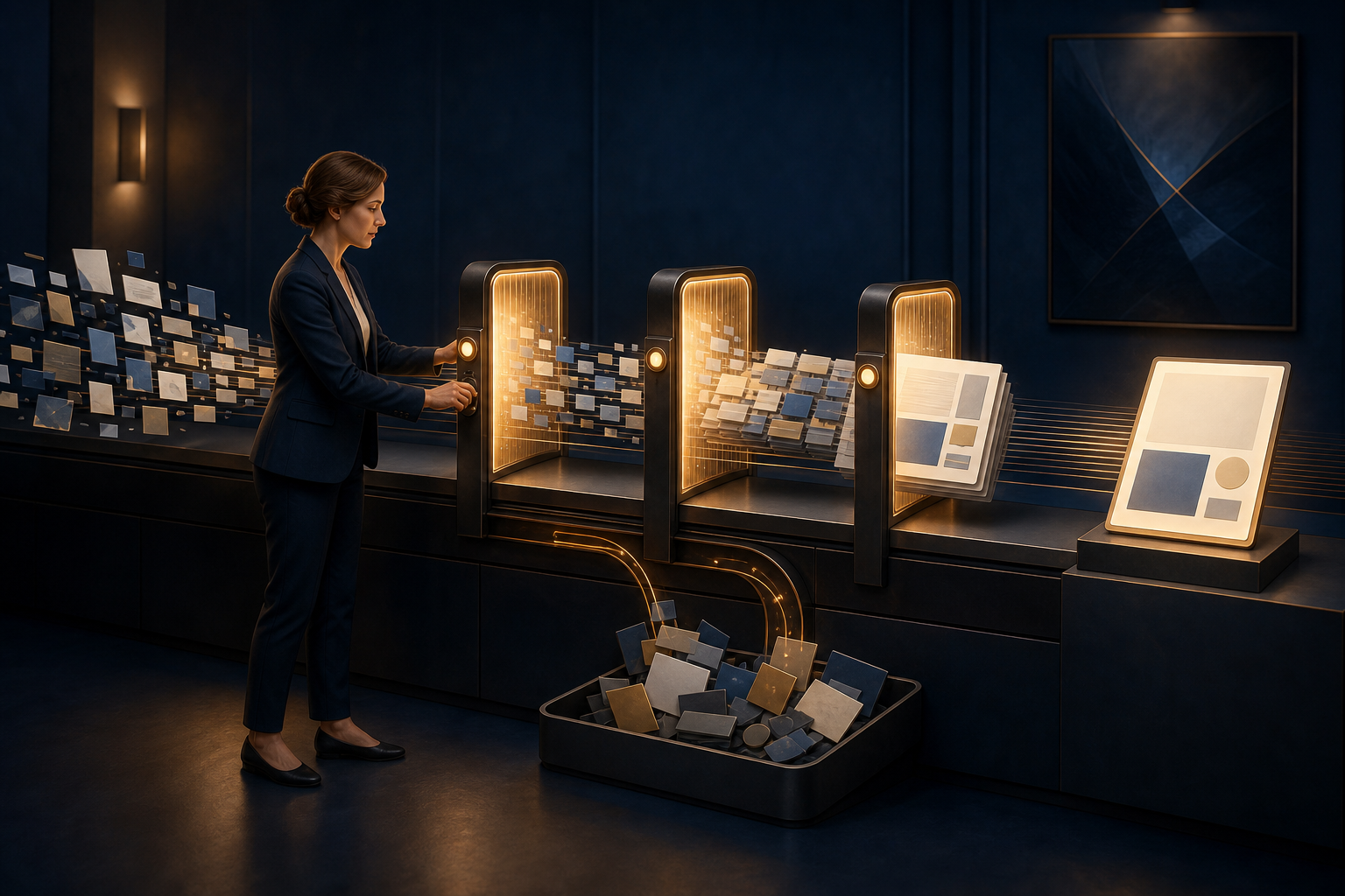 A human editor operates decision gates along an automated content pipeline, approving one page and diverting uncertain items for review.