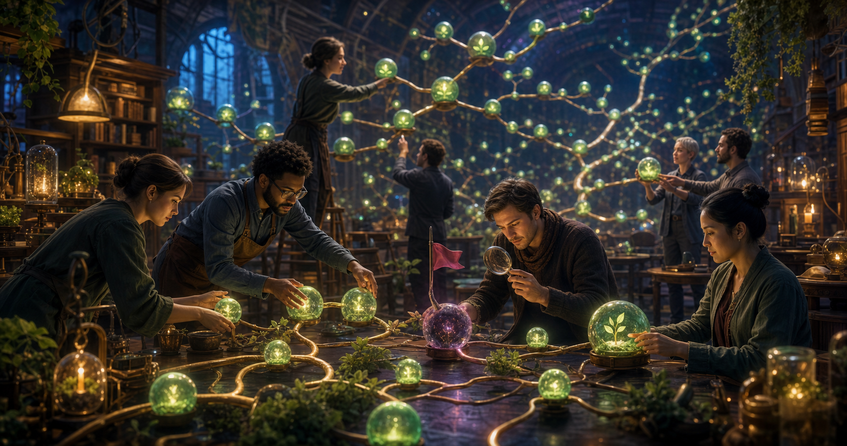 Community stewards review, connect, and maintain glowing discussion nodes inside a digital archive-like workspace.