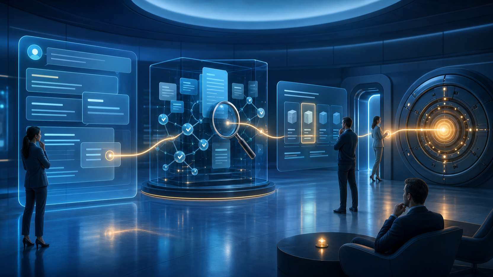 A glowing path connects an AI answer citation to evidence materials, a decision point, and a golden revenue signal.