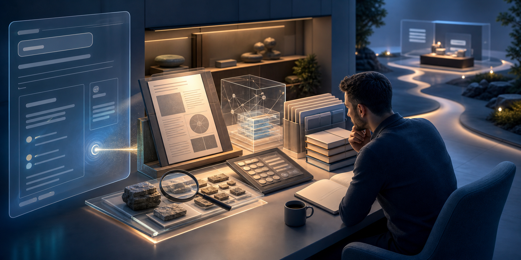 A buyer examines research documents, comparison objects, and decision tools reached through a glowing citation from an AI answer panel.