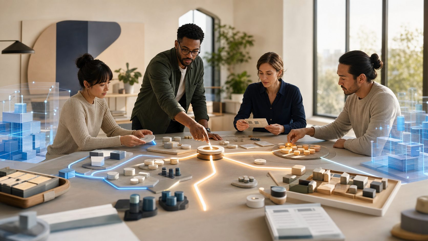 A search marketing team evaluates glowing pathways and evidence-like objects around a modular table while translucent geometric forms sort materials nearby.