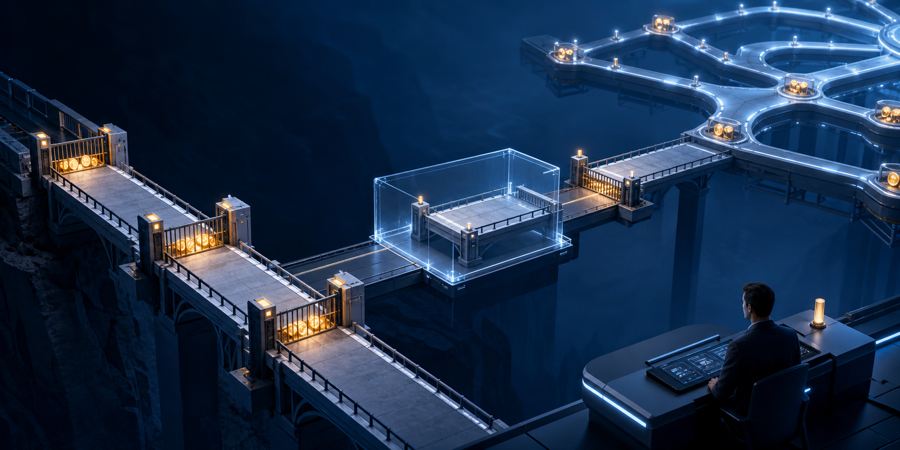 A segmented bridge is moved in controlled stages from a narrow campaign route to a broader network, with budget gates at each checkpoint.