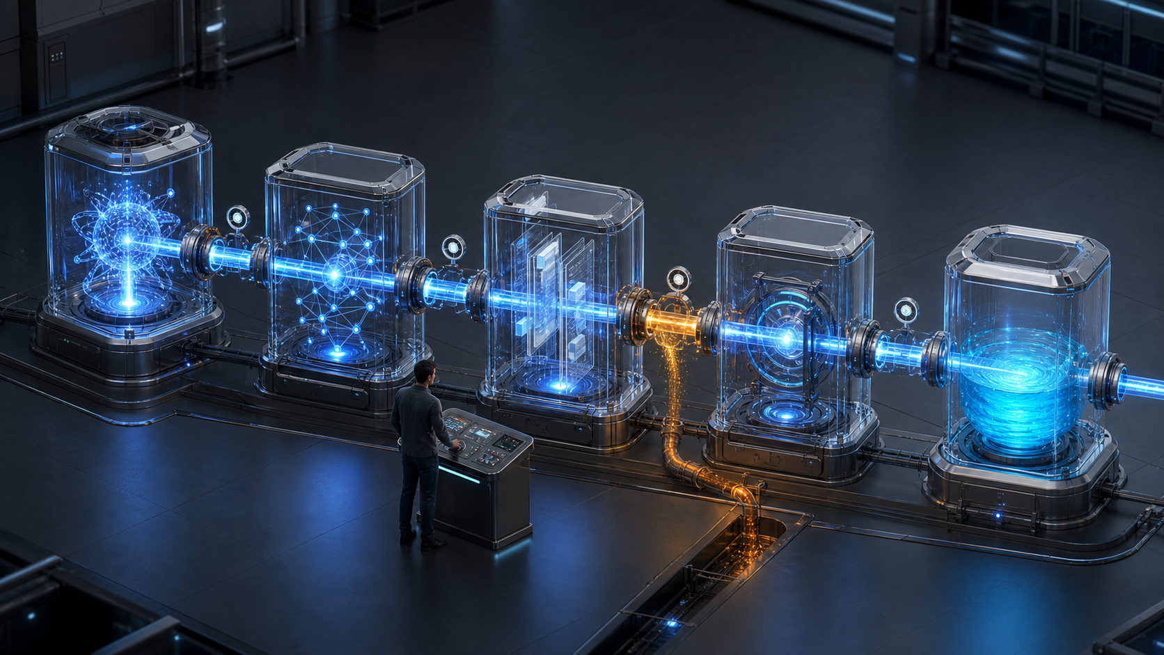 An analyst inspects a leaking junction in a transparent, sensor-lined pathway that connects an AI response to a revenue chamber.
