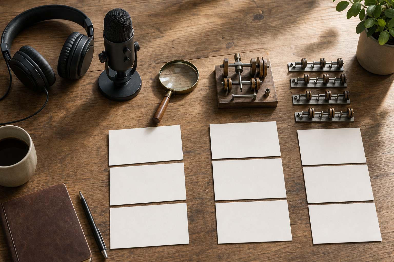 Headphones, a microphone, blank cards, a magnifying lens, a small prototype, and repeated components are arranged across a desk.