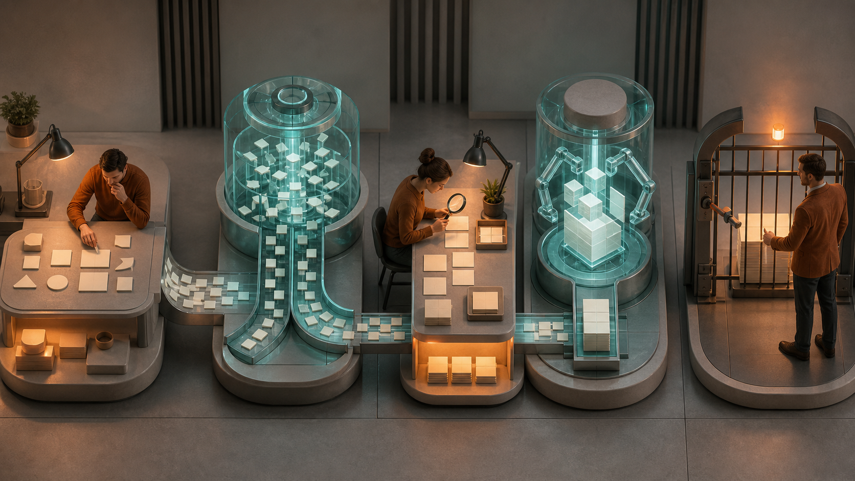 Five connected workstations show people defining, checking, and approving work while translucent machines sort and assemble abstract components between them.
