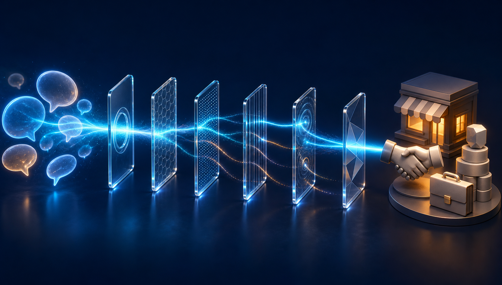 A glowing signal passes through transparent checkpoints from abstract conversation shapes to business symbols including a storefront, handshake, briefcase, and stacked tokens.