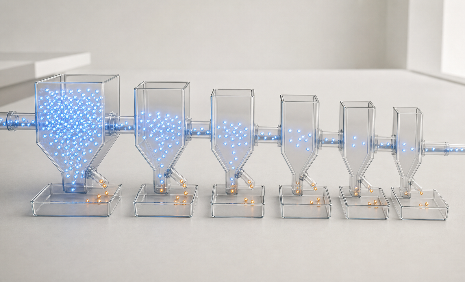 Glowing particles move through six connected transparent chambers while some particles collect in separate side trays.