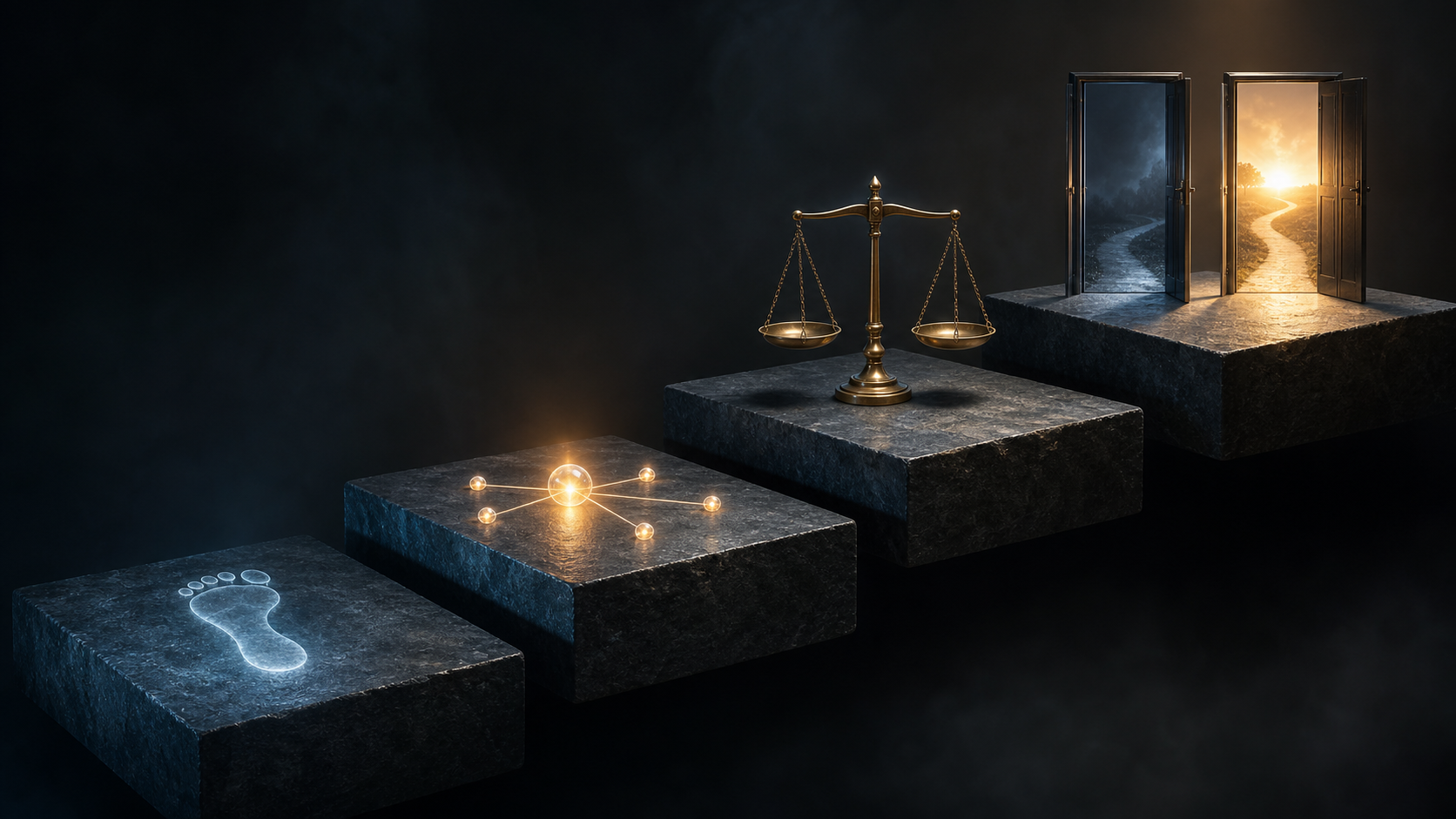 Four illuminated stone platforms rise from a faint footprint to a connection node, a brass scale, and two experimental doorways.