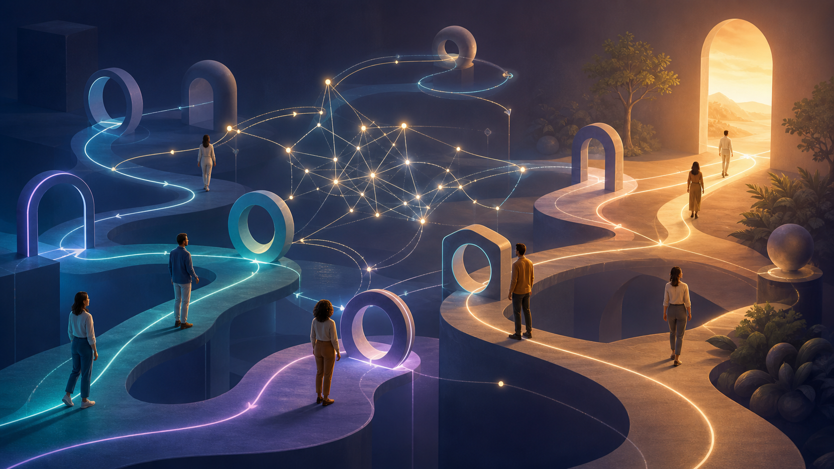 People navigate branching illuminated pathways around a central constellation of light, with several routes converging on an open destination.