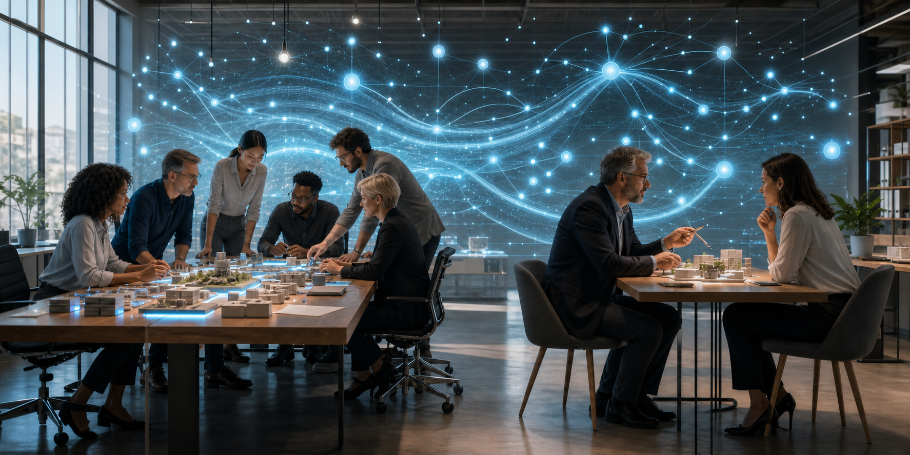 A multidisciplinary team and a one-to-one consultant meeting occupy opposite sides of a shared modern workspace.