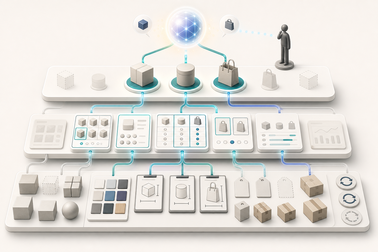 An isometric commerce system connects product facts, inventory, shipping, and return information to organized product choices presented by an abstract AI assistant.
