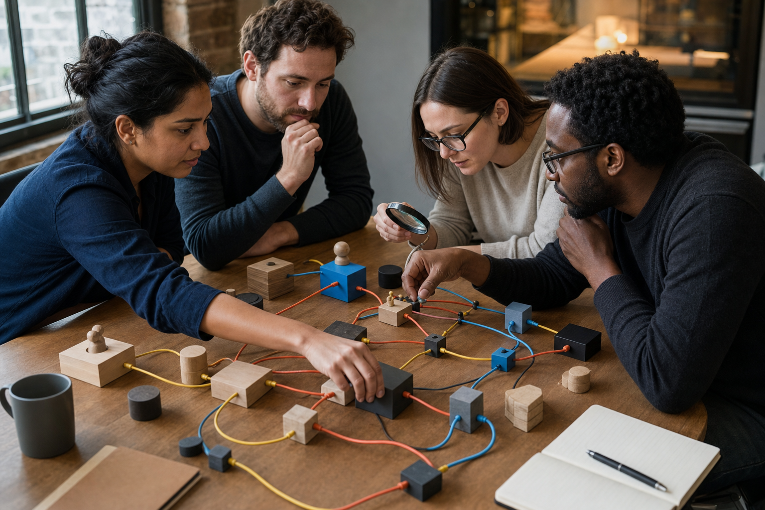 A cross-functional project team examines modular ecommerce components and traces system dependencies during a discovery workshop.