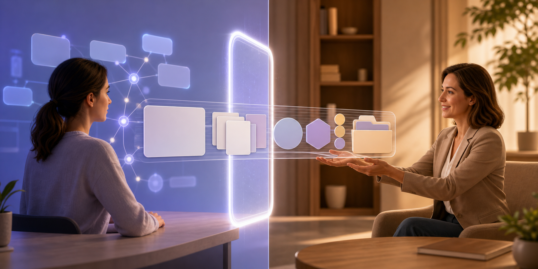 A customer's organized context bundle moves from a glowing AI network to a human advisor across an illuminated threshold.
