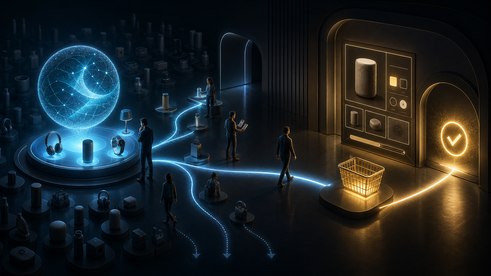 A glowing AI product shortlist leads shoppers through branching discovery paths, with one path continuing to a store basket and completed checkout.
