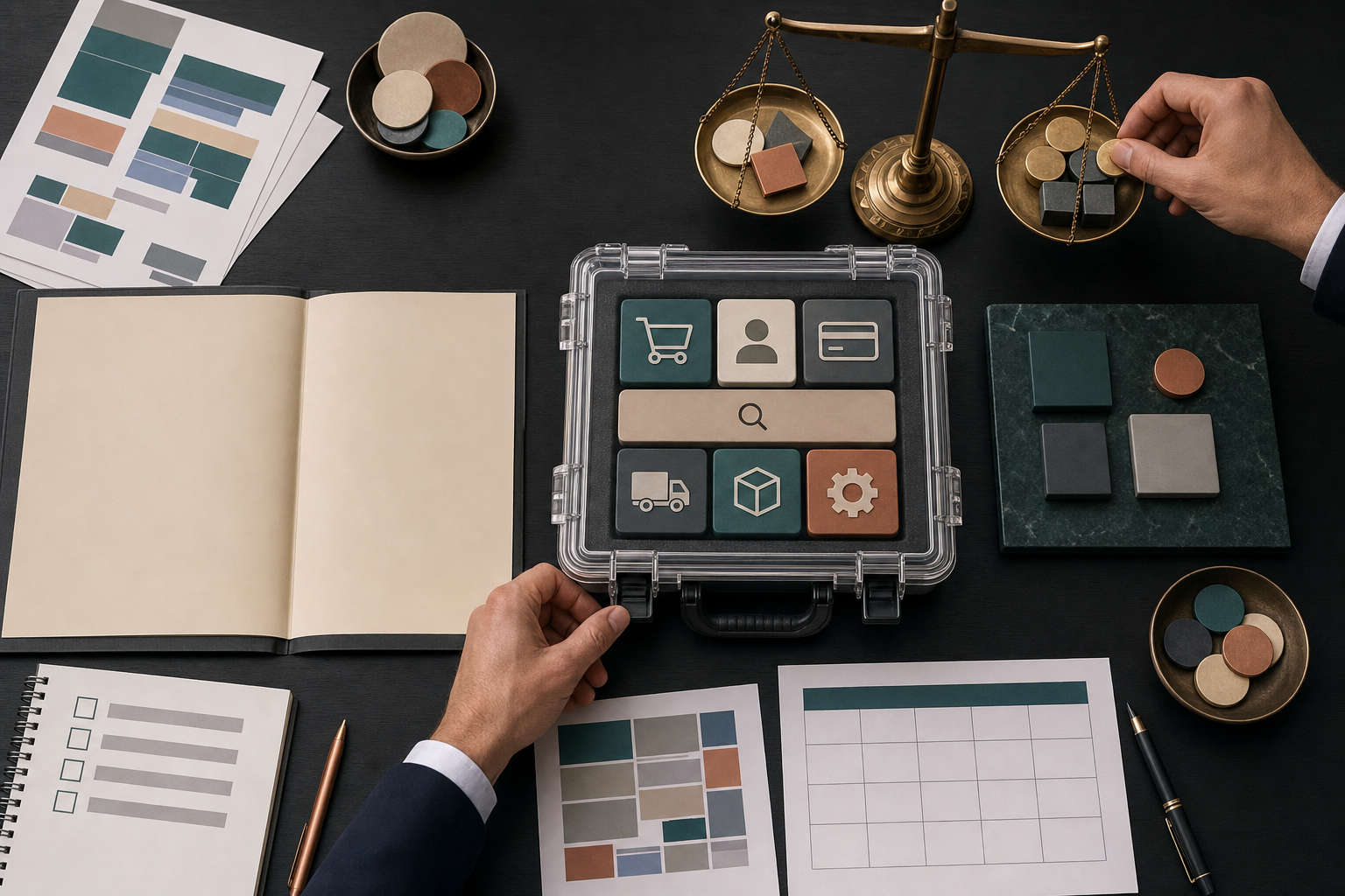 Hands compare unmarked proposal evidence on a conference table while securing a modular ecommerce release model inside a protective case.