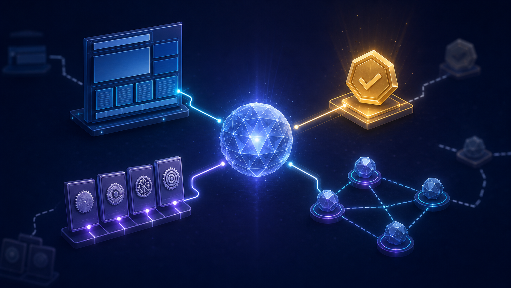 A glowing answer sphere assembles from connected page, claim, evidence, and external-source elements, illuminating one eligible object among several incomplete alternatives.