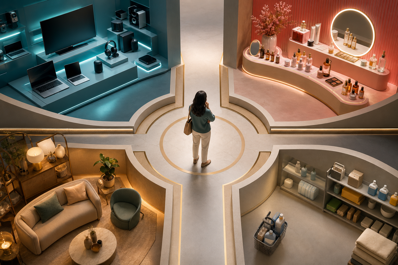 A shopper stands at the center of pathways leading to differently illuminated displays for electronics, personal care, furniture, and everyday goods.