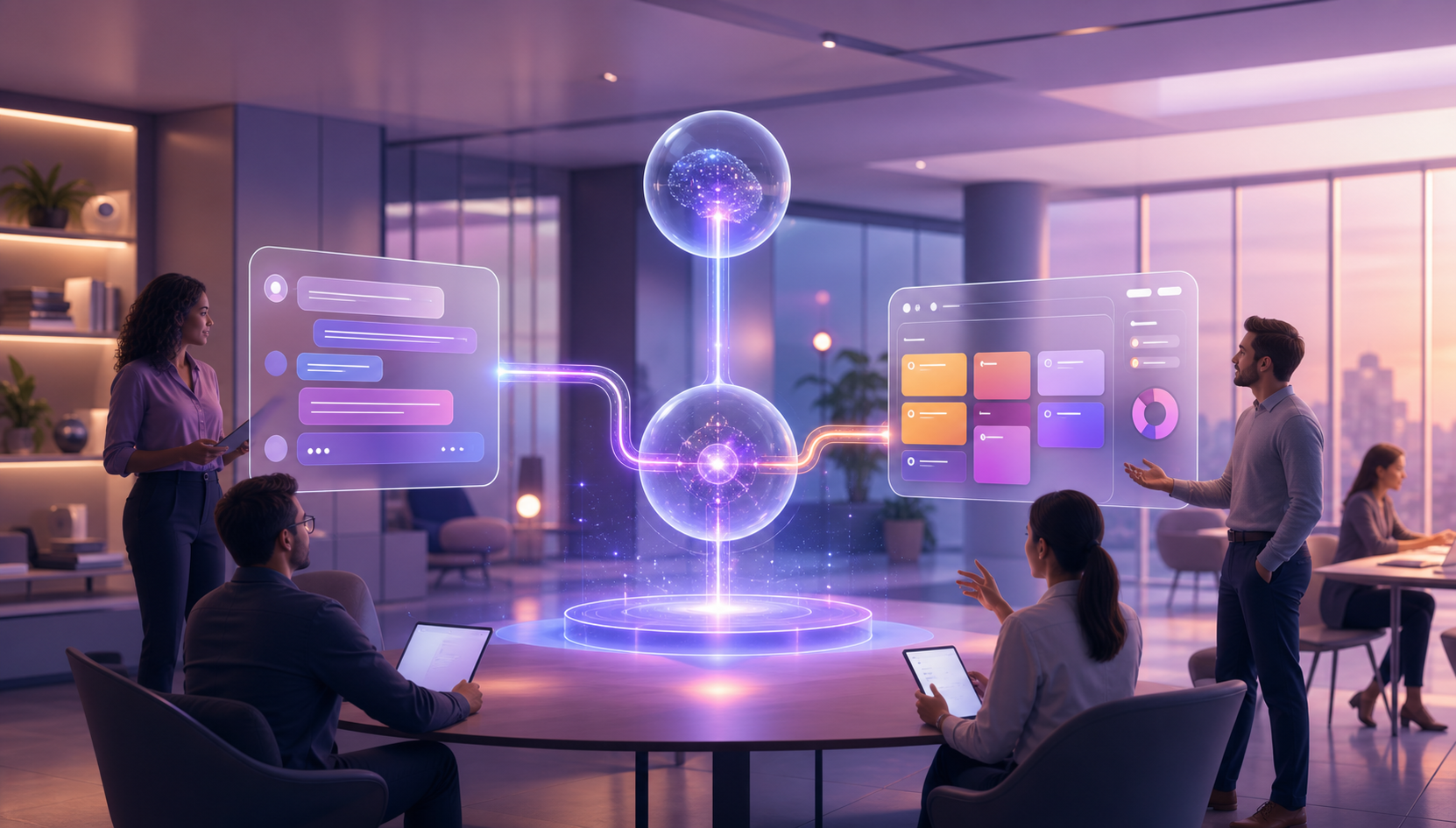 Team members collaborate around an abstract communication hub connected to AI query and project workspace elements.