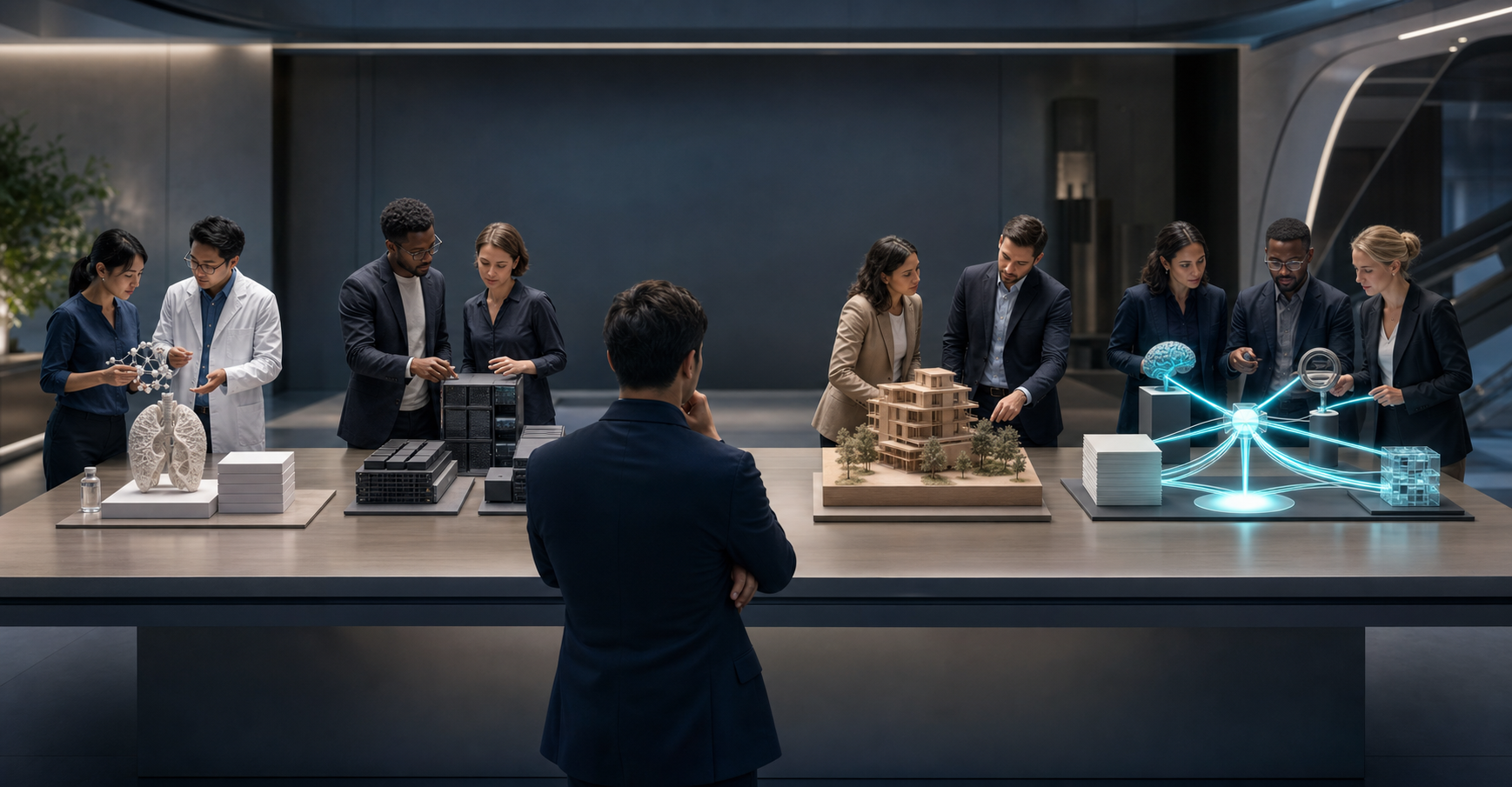 A decision-maker compares agency teams and evidence portfolios representing healthcare, software, and real estate expertise at a worktable.