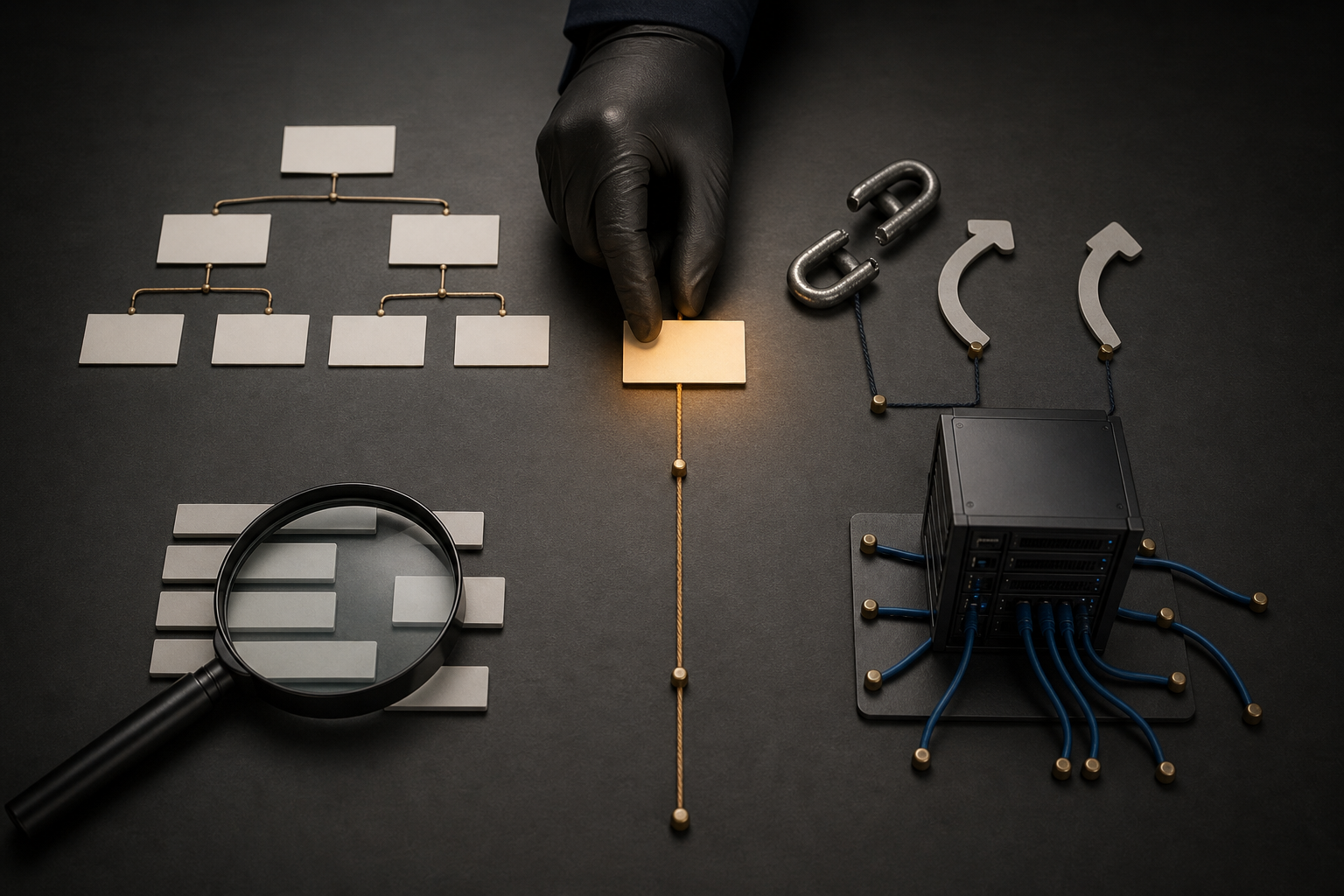An investigator's gloved hand selects one trail among site-map cards, a broken link, abstract search blocks, and server equipment.