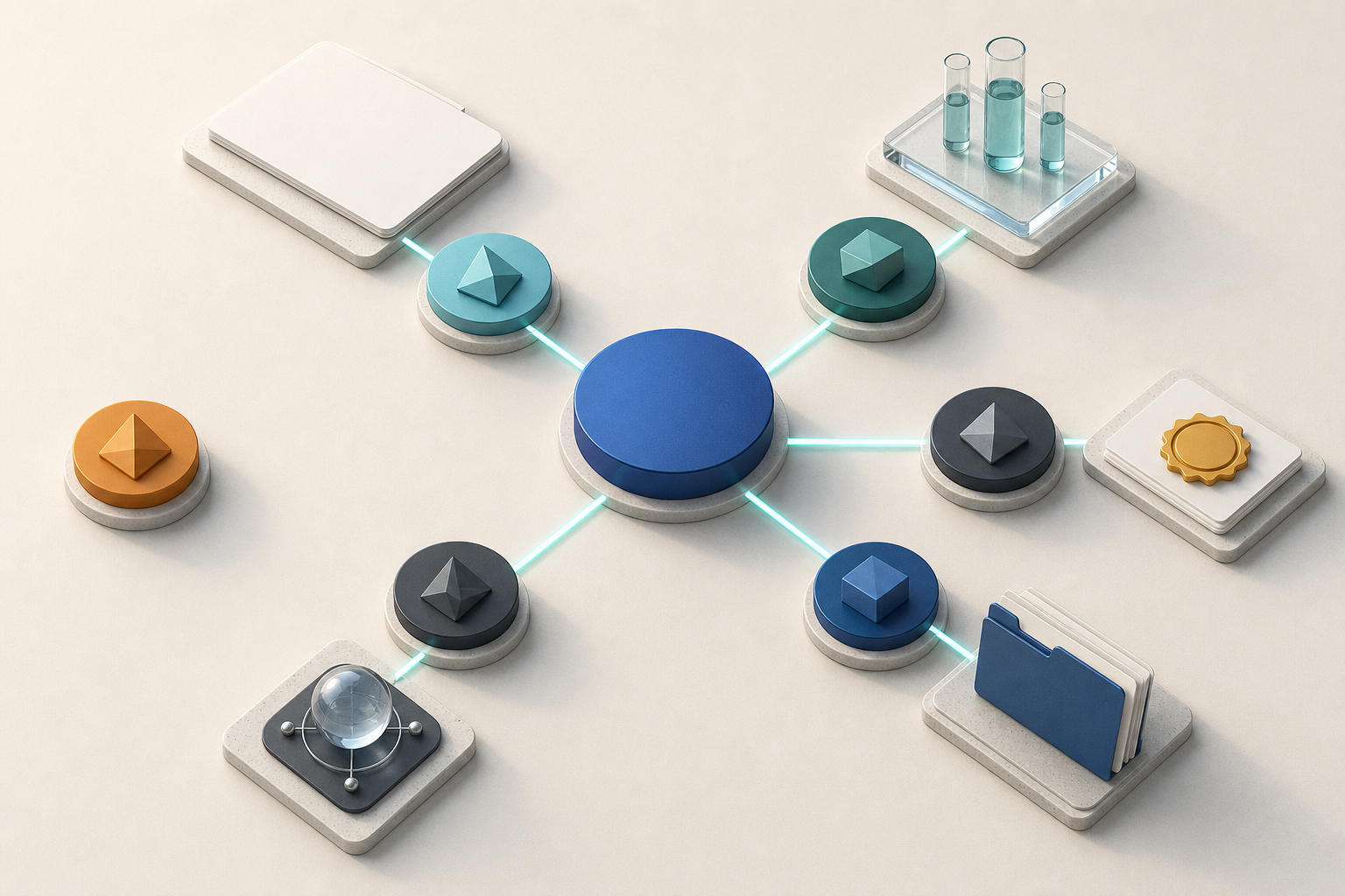 An isometric planning surface connects a product to several claims and supporting proof objects, while one unsupported claim remains isolated.