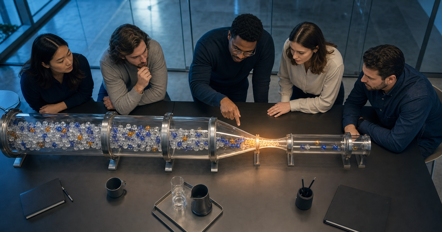 A cross-functional team examines a transparent pipeline model with a highlighted bottleneck between incoming discovery signals and opportunity tokens.
