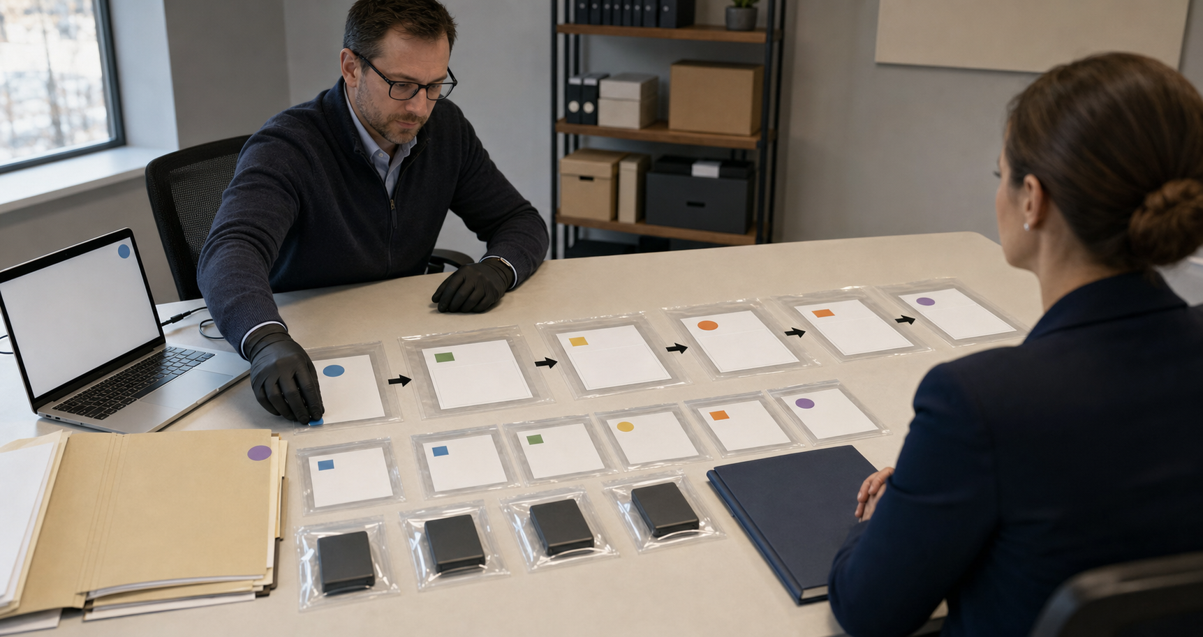 A technical analyst organizes website snapshots, storage devices, and source files into transparent evidence sleeves while an attorney observes.