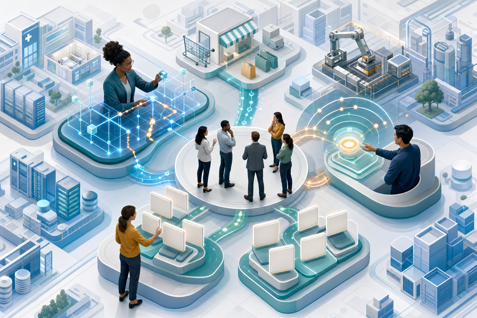 Three specialists examine technical connections, content clusters, and discovery signals around a shared digital business ecosystem.