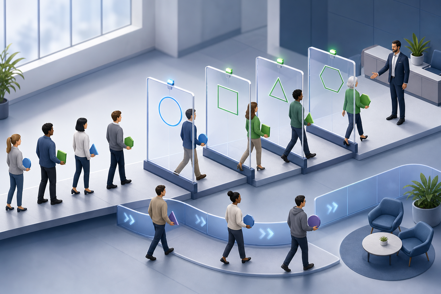 Prospective customers pass through several visual screening gates before qualified individuals reach a sales representative.