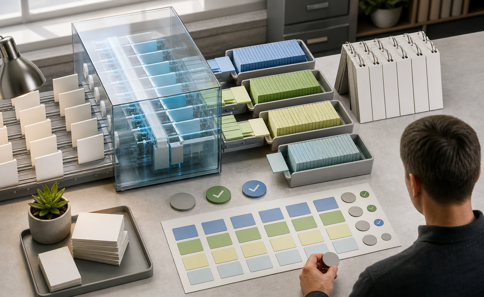 An analyst reviews repeated sets of blank prompt cards and color-coded answer tiles arranged in a systematic testing workspace.