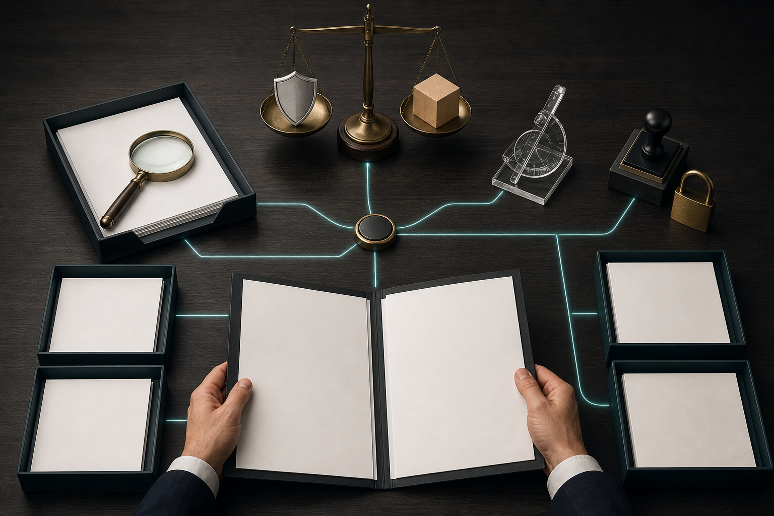 Hands review an unmarked contract surrounded by objects representing measurement, evidence, deliverables, approval, and risk control.