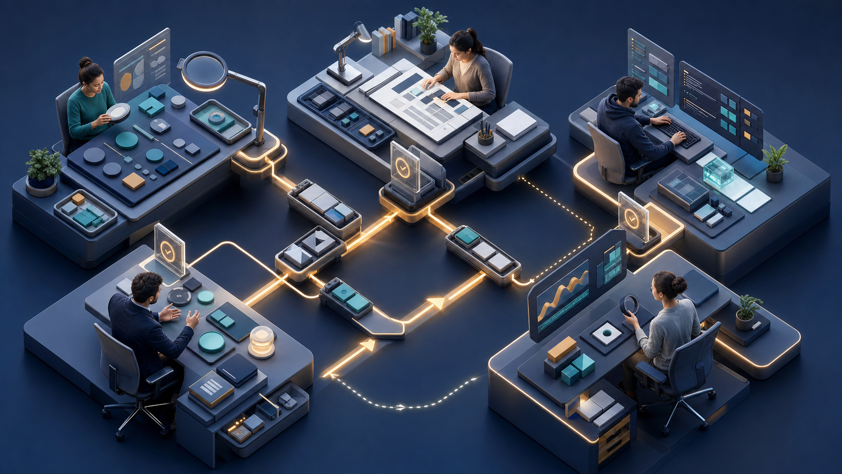 Five specialists coordinate connected research, content, technical, product, and measurement work zones in a modular studio workflow.