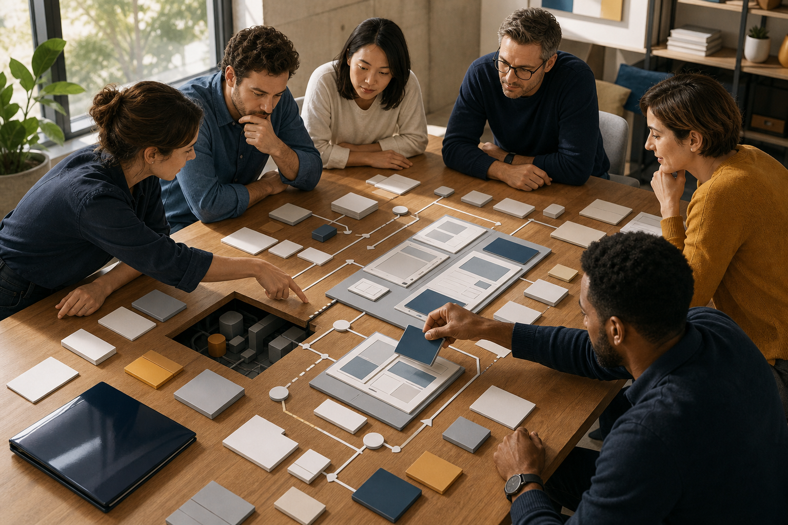 Client and agency teams collaborate on a tabletop search problem using blank cards, website blocks, and branching pathways.