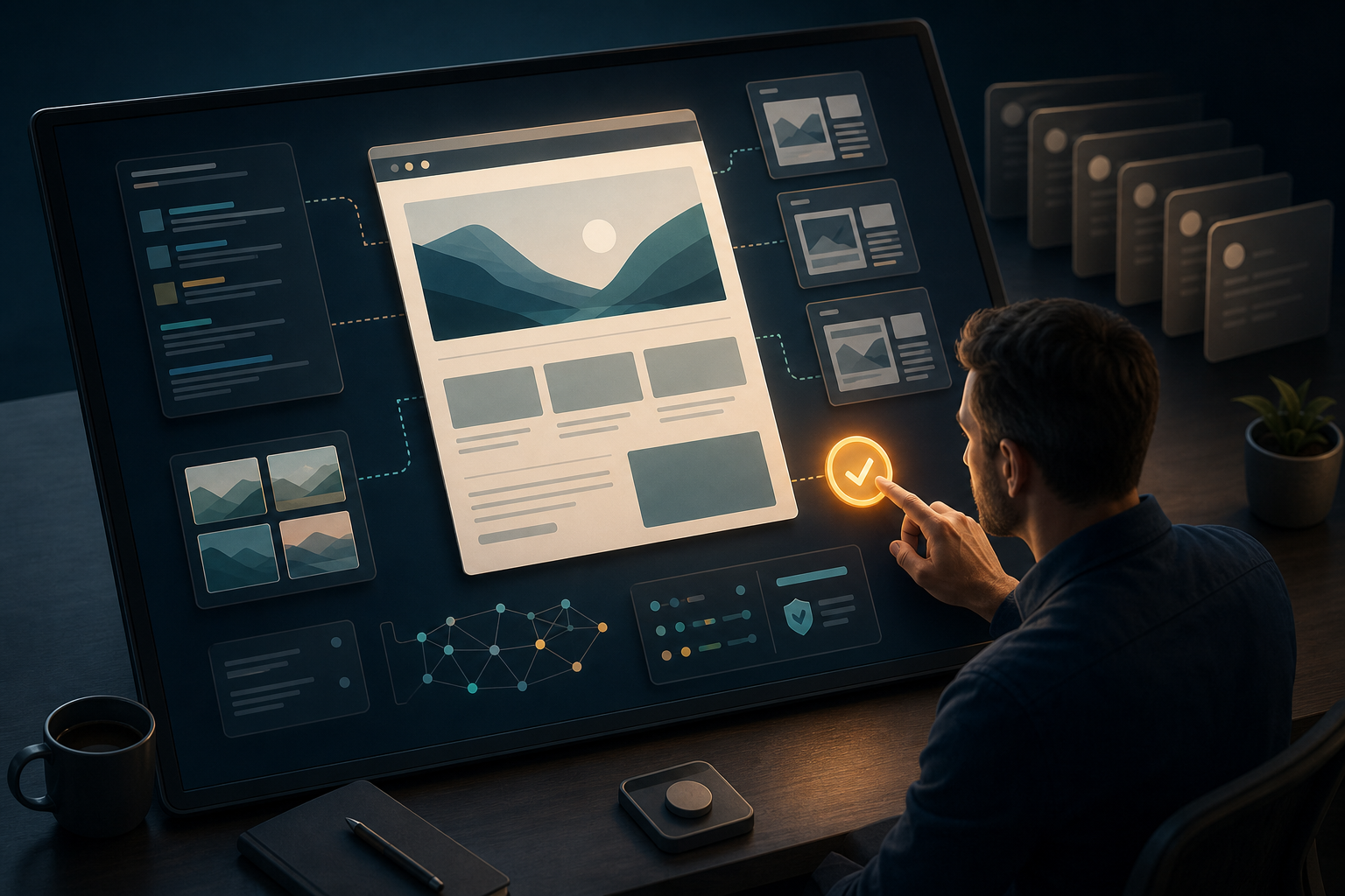An analyst reviews visual search evidence around one highlighted webpage while a queue of other task cards remains in the background.