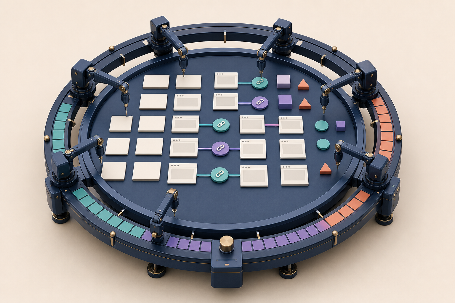 A circular monitoring instrument repeatedly samples blank query cards, web-page tiles, citation symbols, and geometric brand tokens arranged in a grid.
