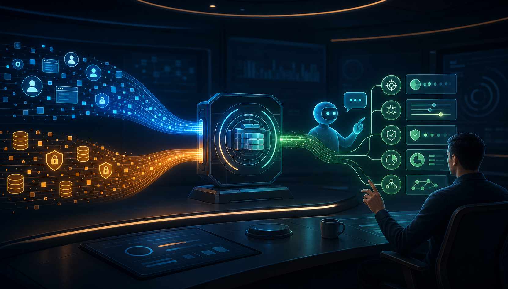 An advertising analyst studies a system where website and backend data streams connect measurement tools with conversational operational controls.