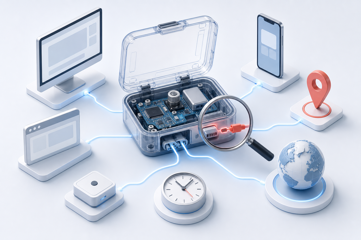 An open data-collection device is inspected beside symbols for device type, location, language, browser, and time.