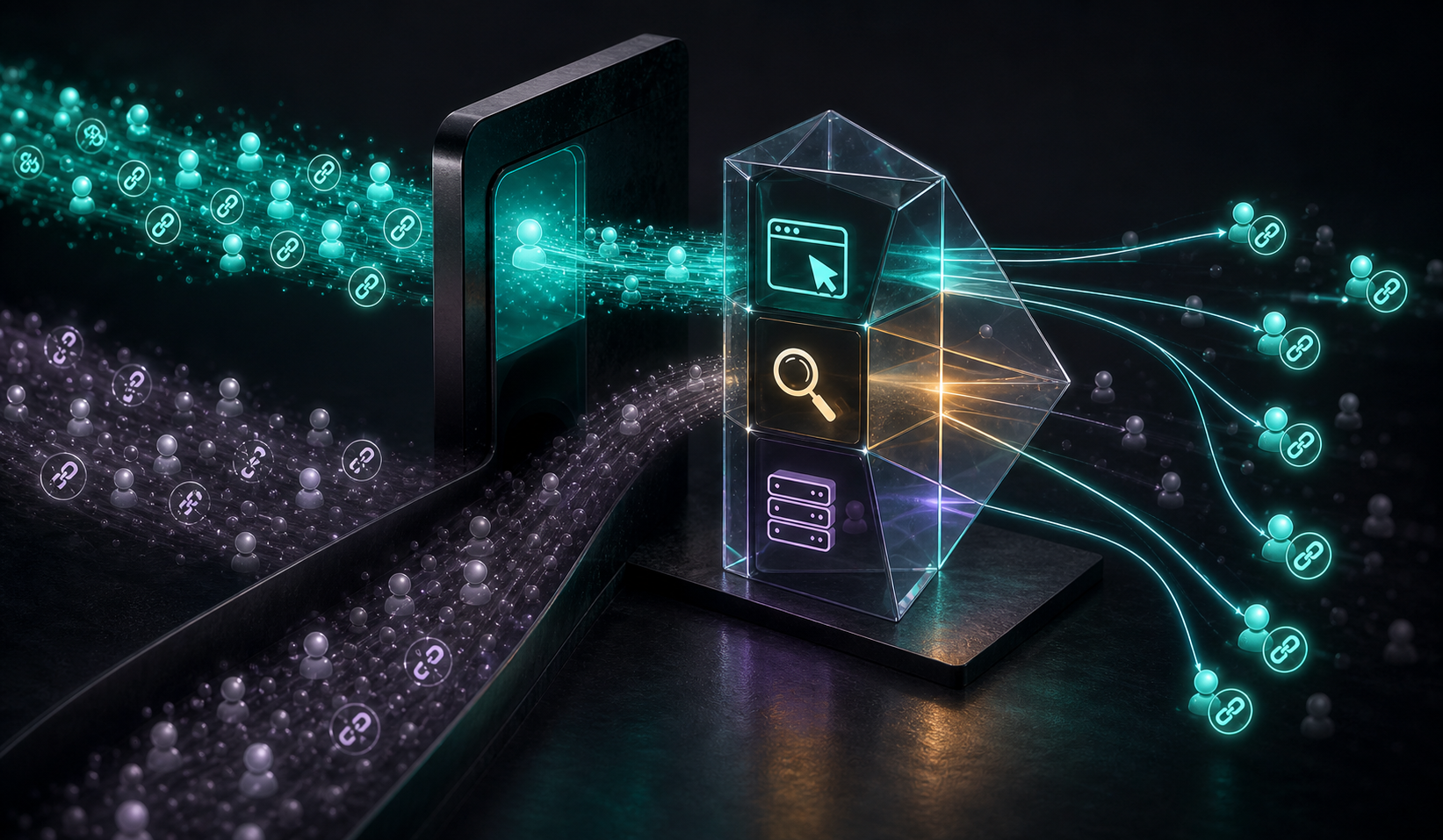 Tagged and untagged visit particles flow through a website gateway, where an analysis device reconnects some hidden visits to their referral source.