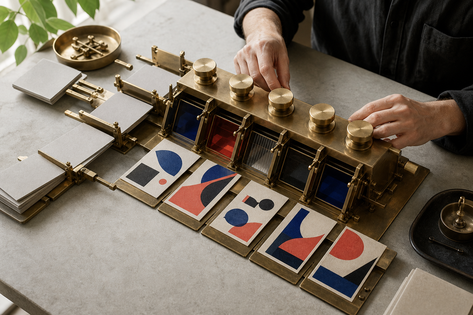 An editor adjusts an unlabeled instrument that turns plain gray tiles into varied designs with a consistent color palette and material style.