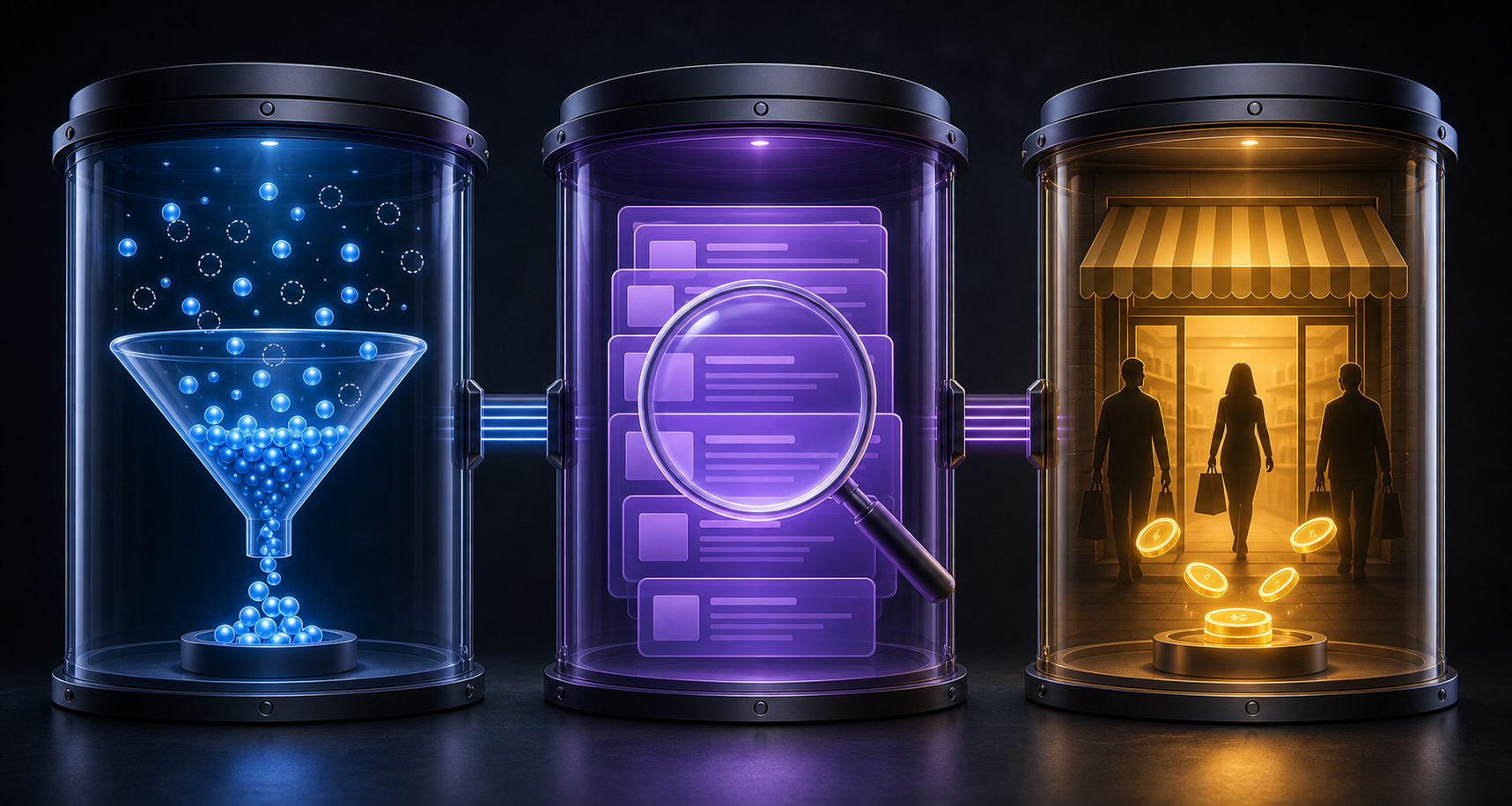 Three connected chambers depict data collection, search-result visibility, and customer outcomes as separate measures.