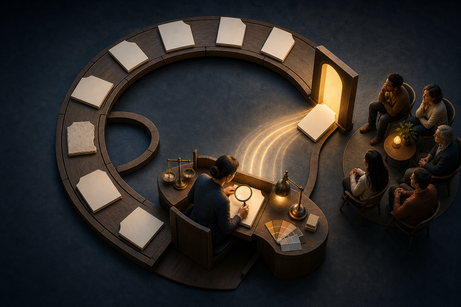 A circular track carries blank page-shaped objects through a human review station, with one sent back for revision and another released to waiting readers.