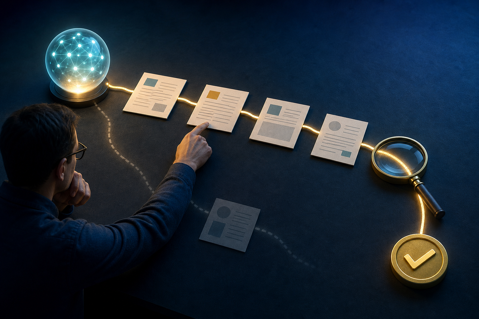 An analyst traces glowing connections from an abstract AI response to source documents and examines the evidence with a magnifying lens.