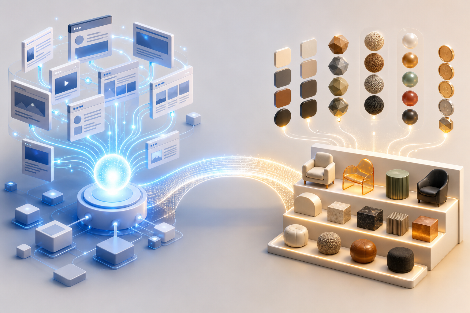 A split illustration shows web sources feeding an AI answer on one side and product attributes feeding a comparison shelf on the other.